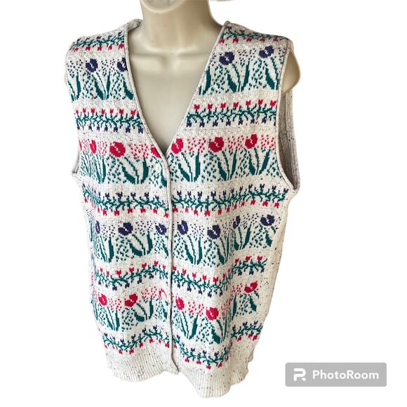 Northern Reflections Knit Sweater Vest Button Up Confetti Striped Floral Tulips - Picture 4 of 8